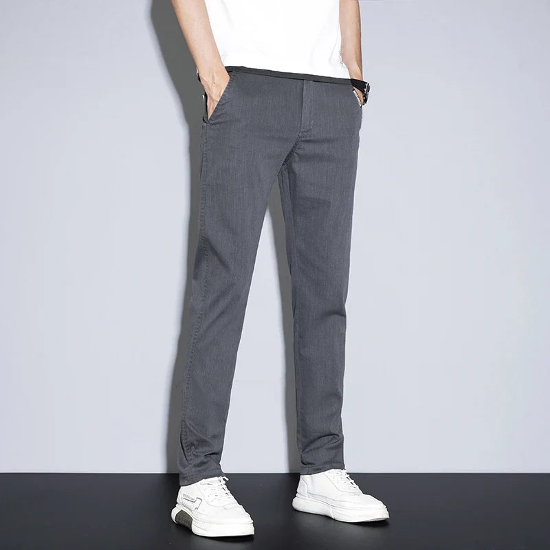 Spring Summer Thin Men's Slim Straight Casual Pants Fashion Korean Solid Color Elastic Comfortable Business Gray Trousers