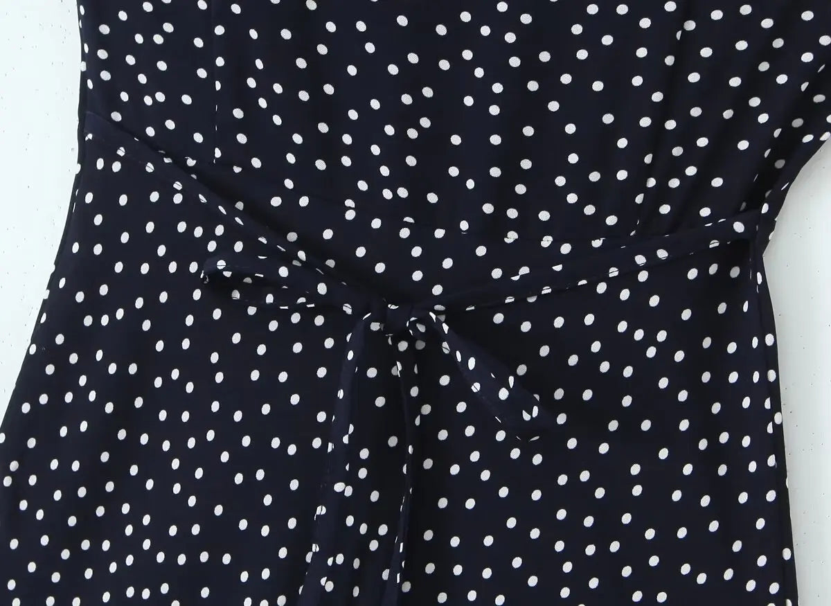 2025 Women Navy Blue Polka Dot Long Dress Lace Trim V Neck Short Sleeve A-line Elegant Holiday Dresses Summe Maxi Robe
