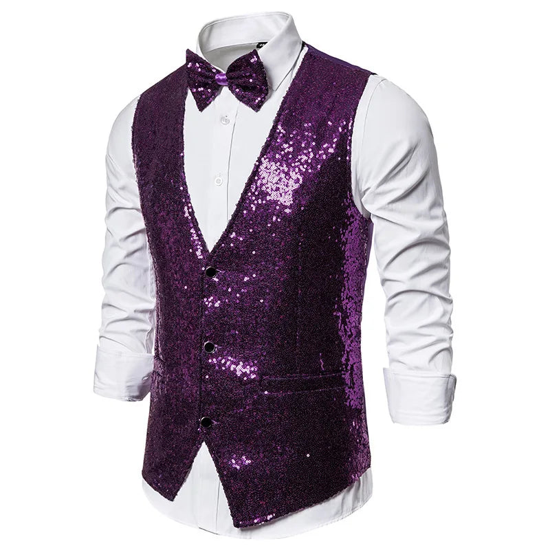 2026 Men's Shiny Gold Sequin Glitter Embellished Blazer Waistcoat Night Club Blazer Wedding Party Waistcoat Stage Singers Vest