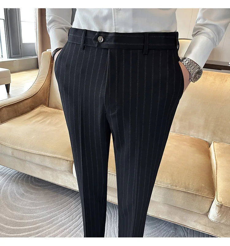 High Quality Striped Suit Pants 2025 Autumn New Fashion Slim Fit Business Elastic waisted Pants Male Wedding Party Trousers