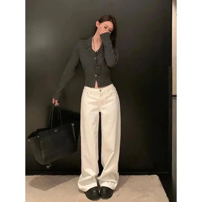 Summer Women's White High Waisted Wide Leg Jeans Premium Draped Effortless Chic Loose Straight Leg Denim Pants for Daily Office