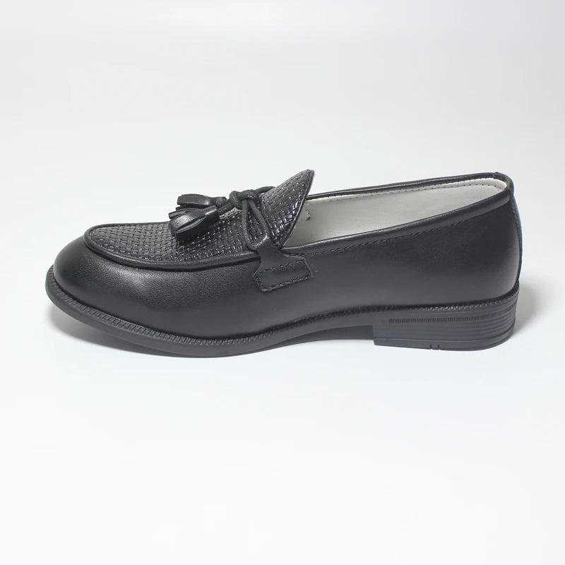 2023 Boys Shoes With Tassel Matte Black PU Leather Loafer Slip on Embossing Moccasins For Kids Boy Dress Shoe Italian Breathable
