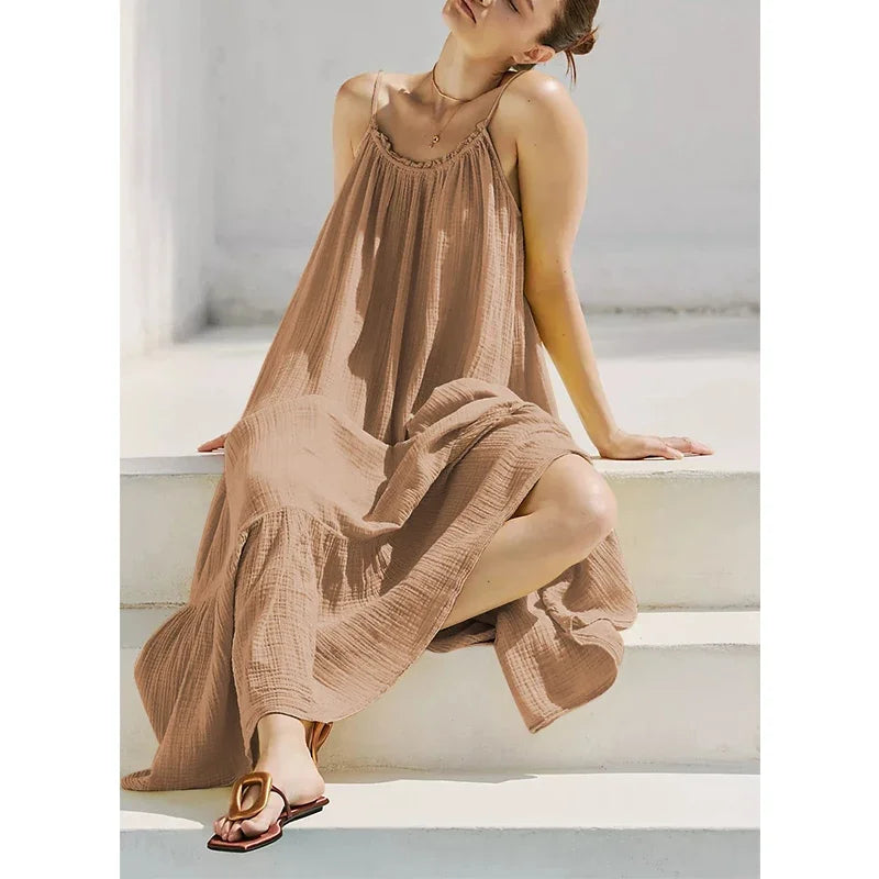 Muslin 100% Cotton Summer Dress Woman 2026 Trendy Sexy Sleeveless Ruched Long Maxi Party Dresses Chic Sundress