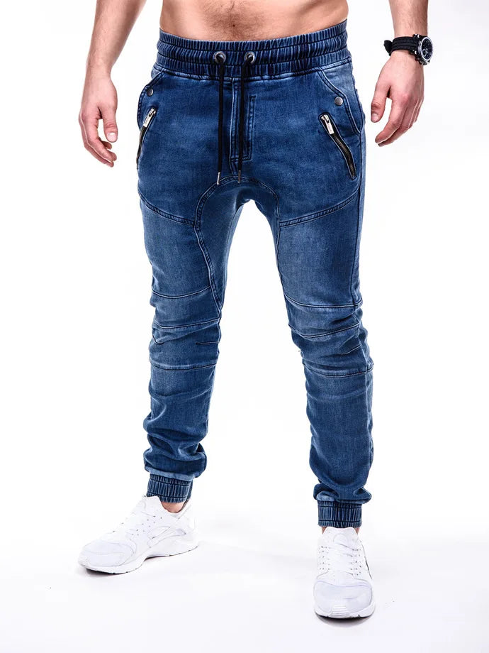 Men Jeans Pencil Pants Elastic Waist Drawstring Lace Up Pockets Washed Distressed Ankle Length Trousers 2025 Streetwear Denims