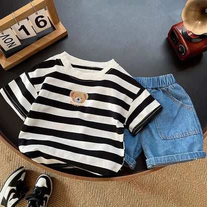 New Baby Boy Clothes Summer Children Suit Causal Striped Cartoon Tshirt Jeans 2Pcs/Set Kids Fashion OutfitsToddler Tracksuits