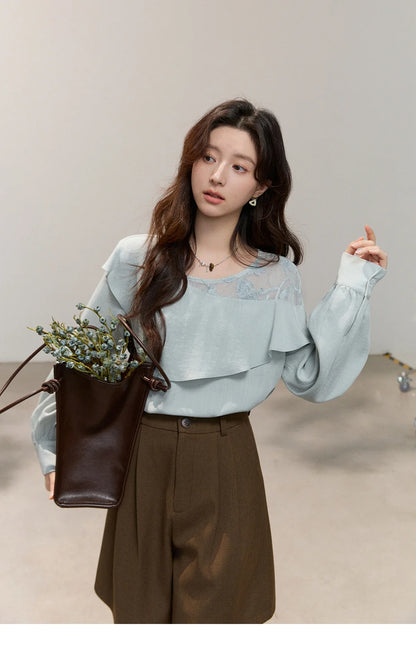 Women's Asymmetric Lace Panel Long Sleeve Blouses 2026 Spring Ruffle Layered Cew Neck Casual Loose Blouse MXF14X2545