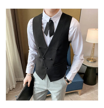 2025 New Fashion Men's Double Breasted Gentleman Dress Casual Vest Fashion Nightclub Bartender Work Clothes V Neck Vest Jacket