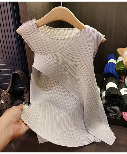 Sleeveless T-shirt Miyake Pleated Summer New Round Neck Slim Thin Versatile Irregular Women's Undershirt Tops Multiple Ways Wear