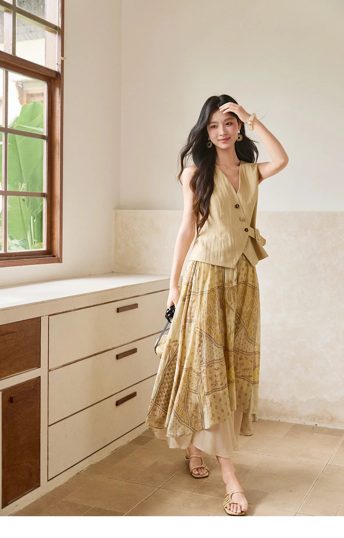 Women's Sleeveless V Neck Vest 2026 Summer Asymmetric Button Belted Waist Slim Solid Waistcoat Office Lady MXF27W1076