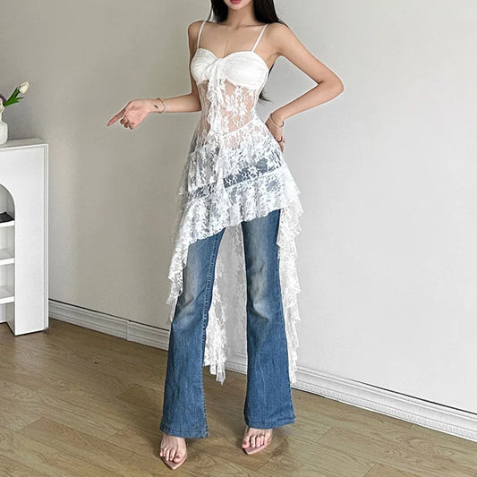 Women Lace Irregular Long Dress Camis Sheath Sensual Sheer Dress Fashion Streetwear Hollow Out Ruffles Sexy Dresses