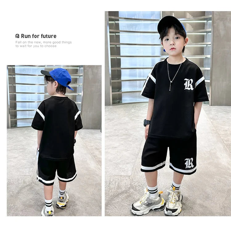2025 Kids Summer Clothing Boys Top and Bottom Set Beige Black Color T-shirt Shorts 2PCS Tracksuit Set Teens Child Casual Outfit