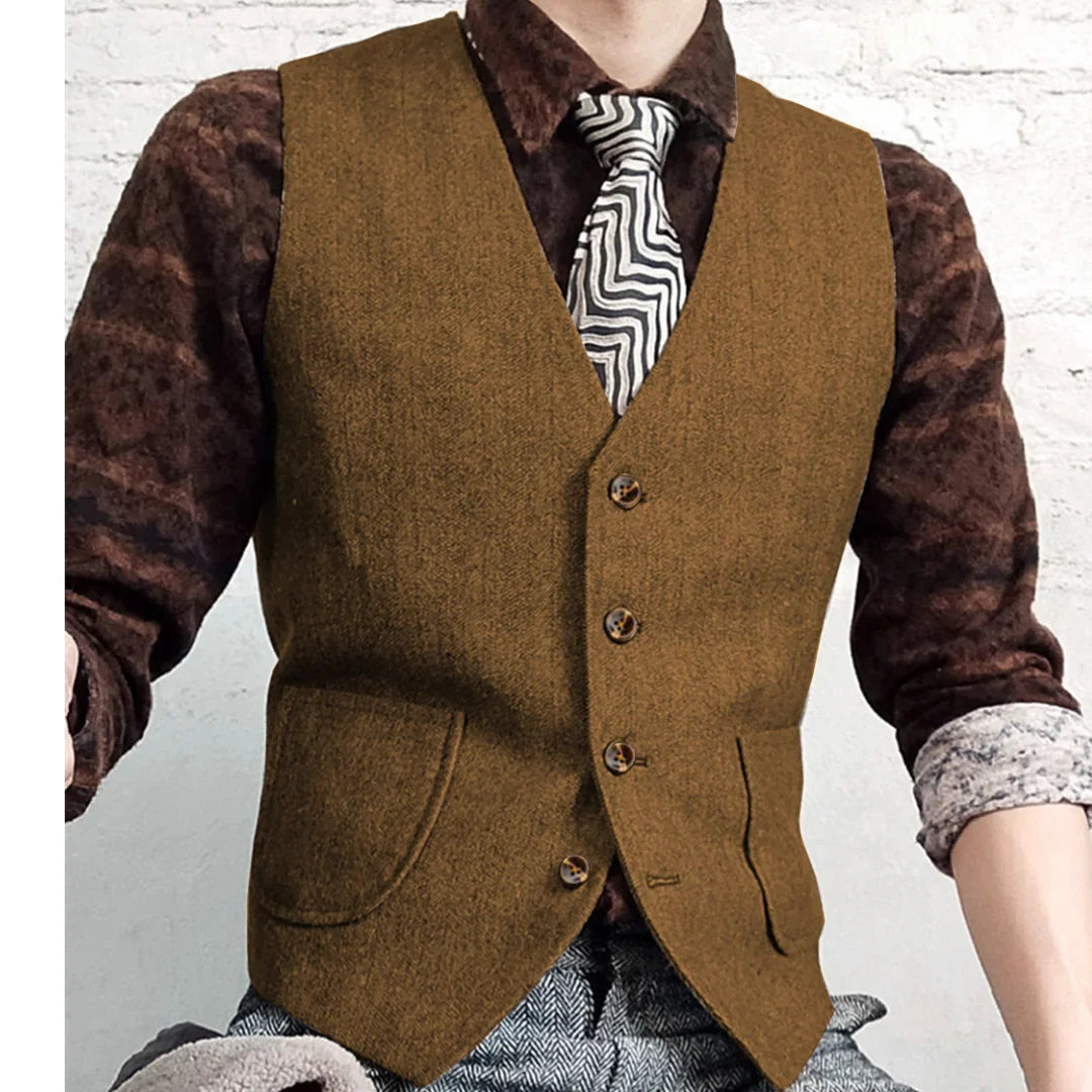 Men Vest Gray Herringbone Single Button V Neck Waistcoat For Wedding Banquet Business Office Work Daily Casual Men Suit Vest
