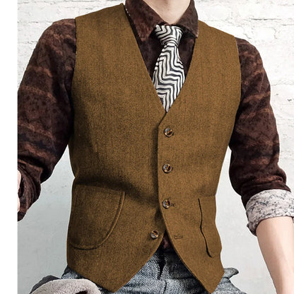 Men Vest Gray Herringbone Single Button V Neck Waistcoat For Wedding Banquet Business Office Work Daily Casual Men Suit Vest