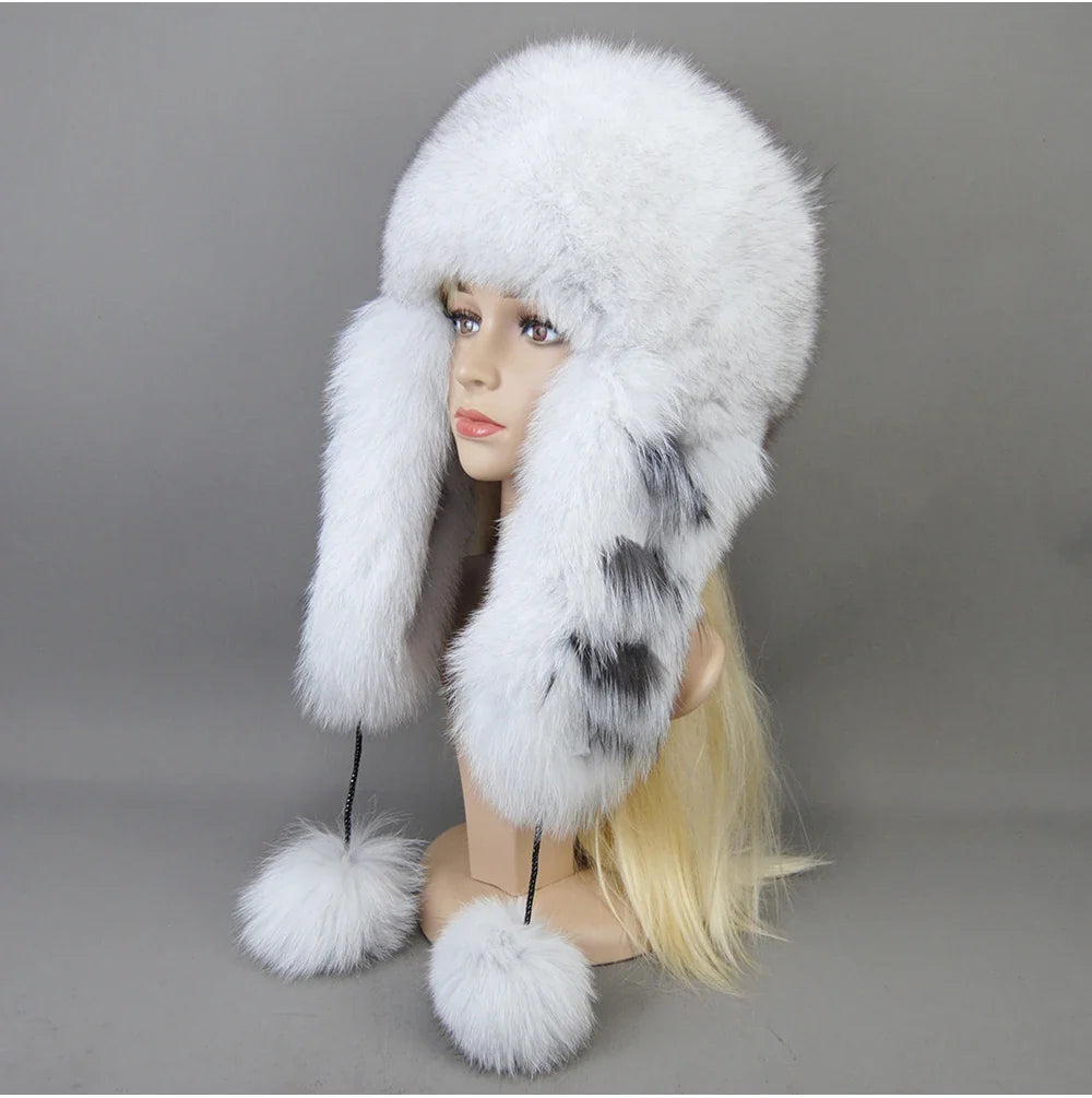 Hot Sale Lady Winter Warm Luxury 100% Natural Fox Fur Hat Fashion Fluffy Fox Fur Rex Rabbit Fur Caps Women Real Fur Bomber Hats
