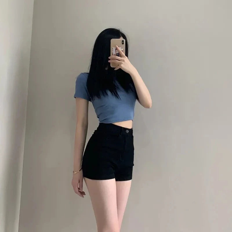 Y2K Korean Style Women's Black High Waisted Denim Shorts New A-Line Wide Leg Slim Fit Casual Summer Streetwear Trendy Hot Pants