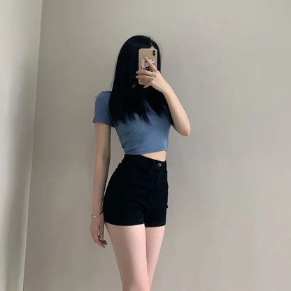 Y2K Korean Style Women's Black High Waisted Denim Shorts New A-Line Wide Leg Slim Fit Casual Summer Streetwear Trendy Hot Pants