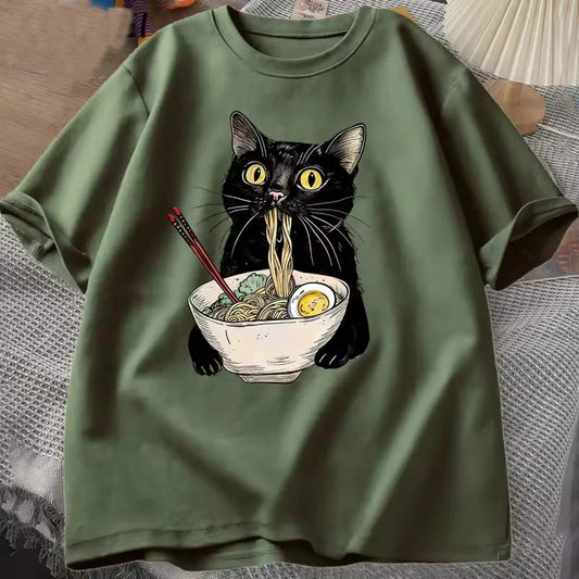 Cotton Noodle Ramen Cat T Shirt Foodie Lover T Shirts Black Cat  T-Shirts Retro Casual Short Sleeve Tshirt Men Women Clothes