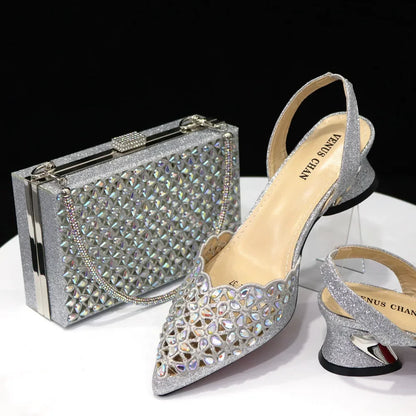 Low Heel Shoes for Women Hollowed Out Embroidery Rhinestone Italian Design Gold Color Pointed-Toe Shoes and Bags Set