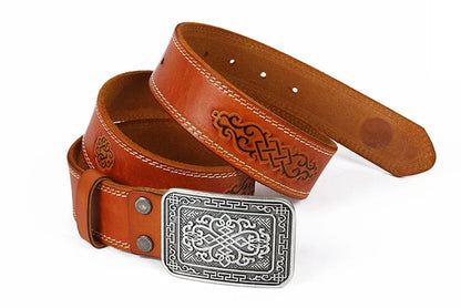 3.8cm Chinese Pattern Cowboy Smooth Buckle Men's Belt Ceinture Homme Yellow Belt Male Wide Jeans Men Genuine Leather Belt