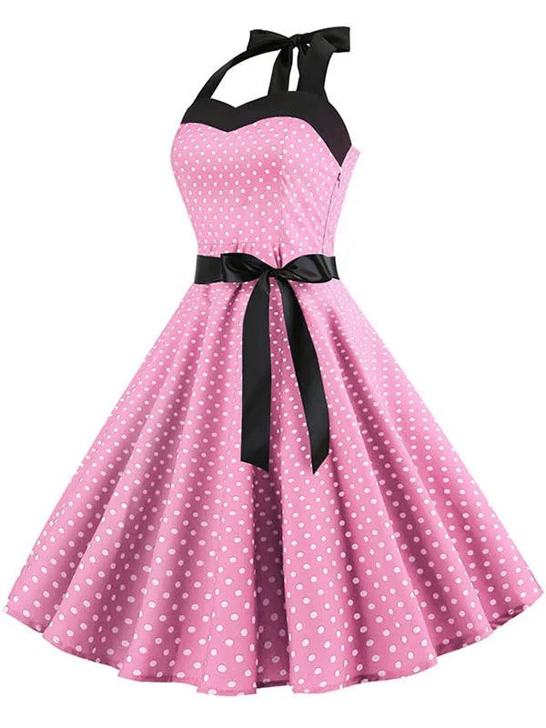 Women Polka Dot Print Summer Dress Sexy Retro White Halter Vintage Dress Robe Femme Pin Up Rockabilly Party Dress