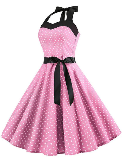 Women Polka Dot Print Summer Dress Sexy Retro White Halter Vintage Dress Robe Femme Pin Up Rockabilly Party Dress