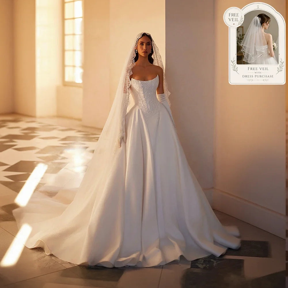 Princess Strapless Wedding Dresses A-Line Satin Beaded Lace Up Back Bride Prom Gown Backless Vintage Bridal Gowns Customized