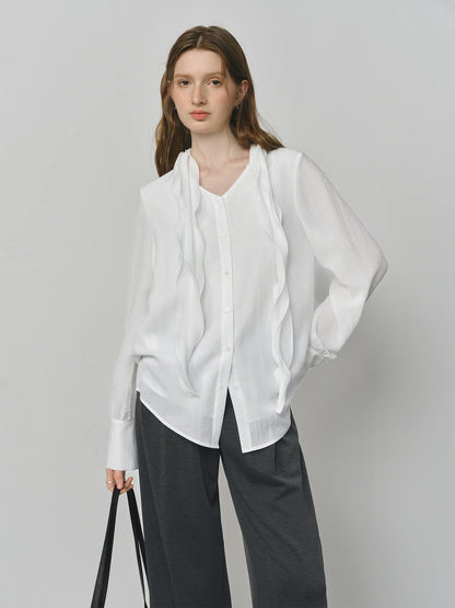 Autumn Elegant Blouse 2025 Asymmetric Flounce Shirt V-Neck Korean Style Chic Design Office Lady Women's Casual Shirt