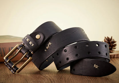 3.8CM Real Genuine Leather Belt Luxury Designer Brass Double Pin Buckle Belts Pure Cowskin Vintage Strap Male Jeans Belt for Men