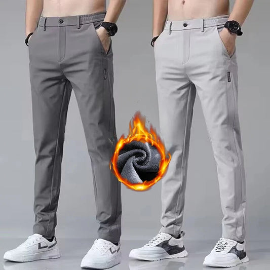 Korean Men's Warm Golf Pants Slim Straight Winter Thick Fleece Casual Pants Business Fashion Stretch Thermal Trousers Male