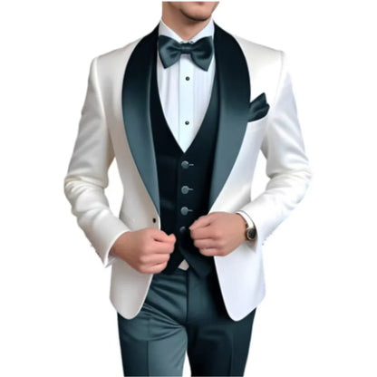 Customized Men's 3 Piece Tuxedo With Scarf Lapel Smoking Suit Wedding Groomsmen Formal Party Blazer Terno Masculino