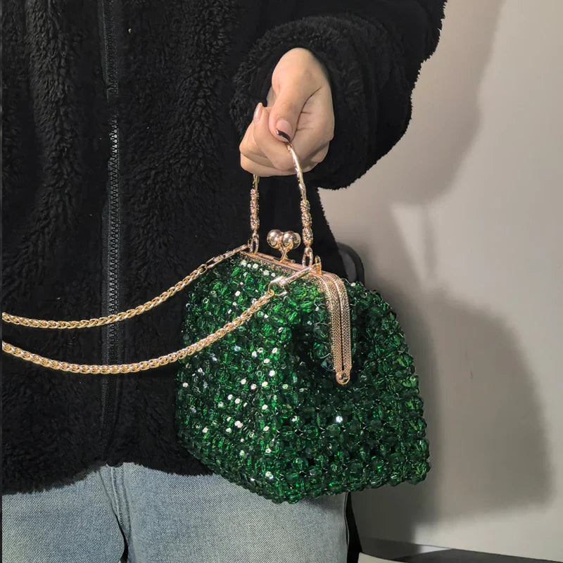 Emerald Green Handmade Beaded Clutch Bag | Vintage Gold Frame Evening Purse with Chain Strap for Party/Wedding/Cocktail