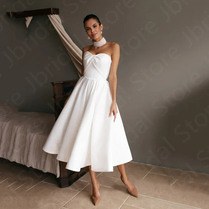 Modern Simple Sleeveless Wedding Dresses Short Bride  Strapless Mid Calf Length Bridal Gowns Lace Up Back 2023 On Sale