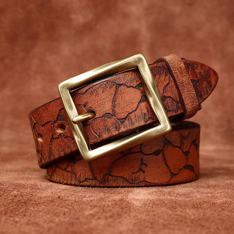 3.8CM Retro fashion trend  personality niche ice cracked belt  men's leather top layer cowhide youth jeans belt