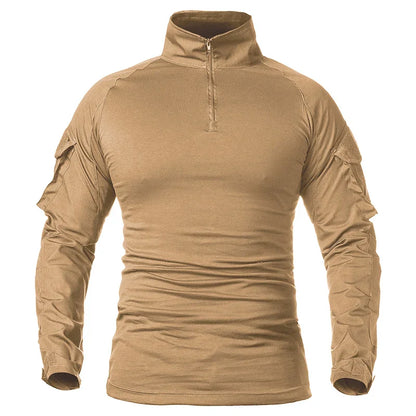 Men's Long Sleeve Combat Shirt 1/4 Zipper Ripstop Cotton Tactical Shirts Navy Blue Camoufalge Airsoft T Shirts