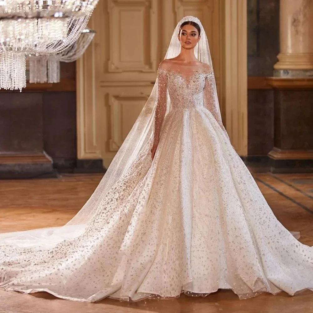 Shining Long Sleeve Ball Gown Wedding Dress Beading Tulle Luxury Hochzeitskleid Button Back Gorgeous Trouwjurk