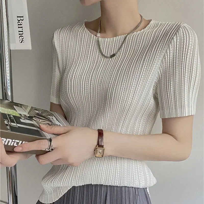 Miyake Pleated Short Sleeve Women's 2023 Summer New Thin Stretch Crew Neck All-Matching Slim Fit Pleated Hollow T-shirt Women