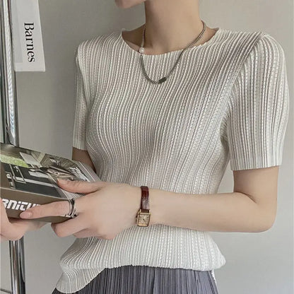 Miyake Pleated Short Sleeve Women's 2023 Summer New Thin Stretch Crew Neck All-Matching Slim Fit Pleated Hollow T-shirt Women