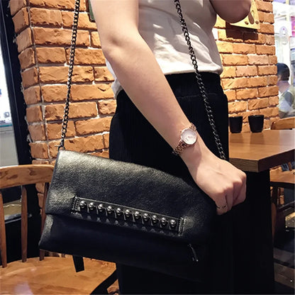 Folding design women Clutch Fashion rivets PU Leather Ladies Crossbody Bag chain Female Shoulder bag Clutches black wallet