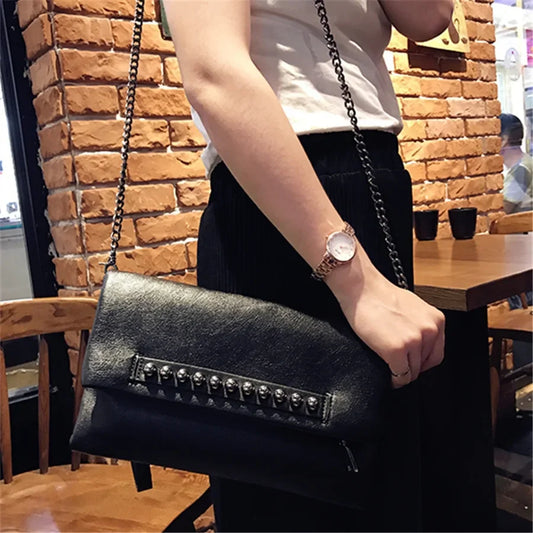 Folding design women Clutch Fashion rivets PU Leather Ladies Crossbody Bag chain Female Shoulder bag Clutches black wallet