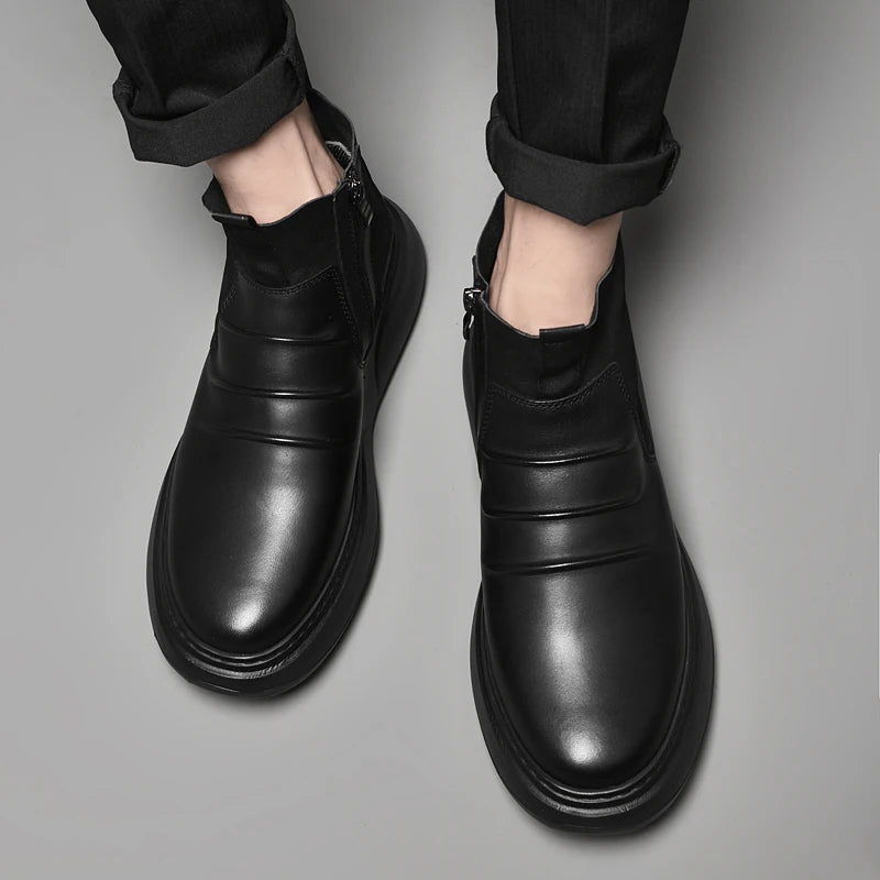 Luxury Brand Male Slip on Chelsea Boots Genuine Leather Mens Warm Winter Shoes High Quality Ankle Boots Men Handmade Snow Boots