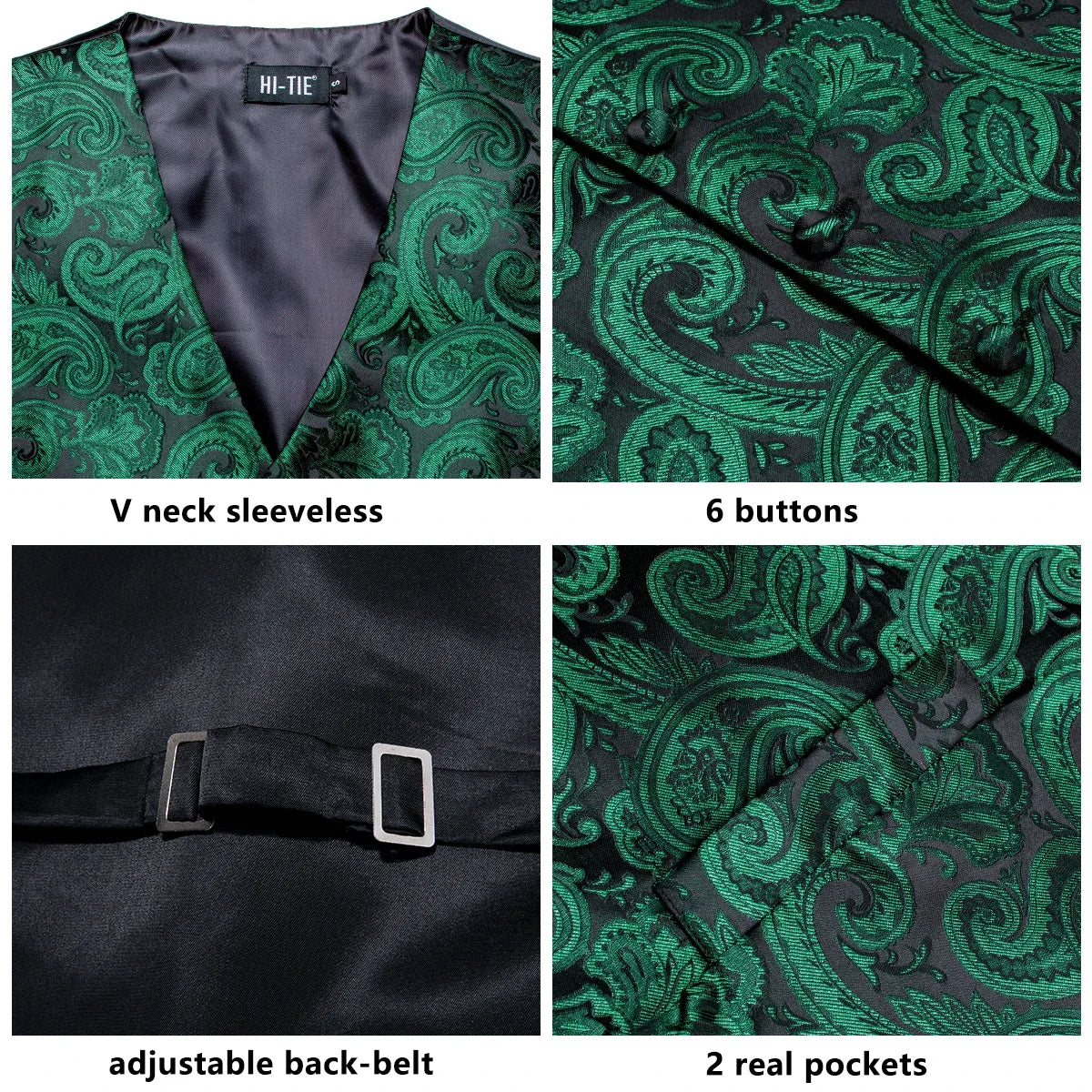 Mens Suit Vests Jacquard Woven Paisley Waistcoat Tie Hankerchief Cufflinks Set Green Teal Mint for Men Weddding Business Party