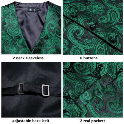 Mens Suit Vests Jacquard Woven Paisley Waistcoat Tie Hankerchief Cufflinks Set Green Teal Mint for Men Weddding Business Party