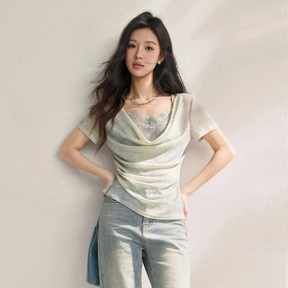 Blue Tie Dye T-Shirt For Women 2026 Summer New Swing Collar Lace Pleated Slimming Breathable French Style Top MXF22T1617