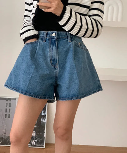2024 New High Waist Washed Women's Denim Wide Leg Shorts Summer Buttons Casual Female Blue Jeans Trouses Pockets