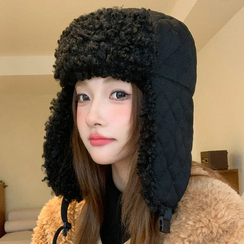 Russian Hat Thick Warm Lamb Fleece Winter Hat for Men Women Windproof Snow Ski Trapper Earflap Cap Male Female Bomber Hat