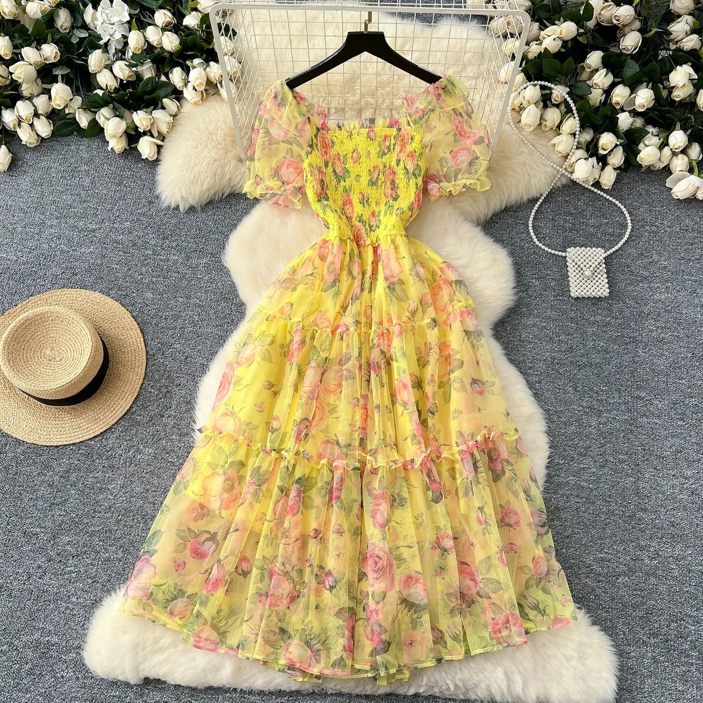 Retro Floral Chiffon Dr Women's Waist Cinched Bubble Sve Me Skirt Tea Break Gentle Soft Sle Korean High Waist A-Lin...