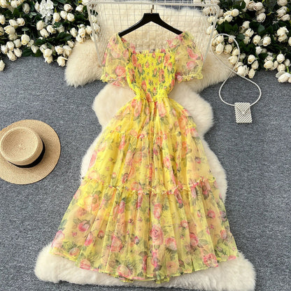 Retro Floral Chiffon Dr Women's Waist Cinched Bubble Sve Me Skirt Tea Break Gentle Soft Sle Korean High Waist A-Lin...