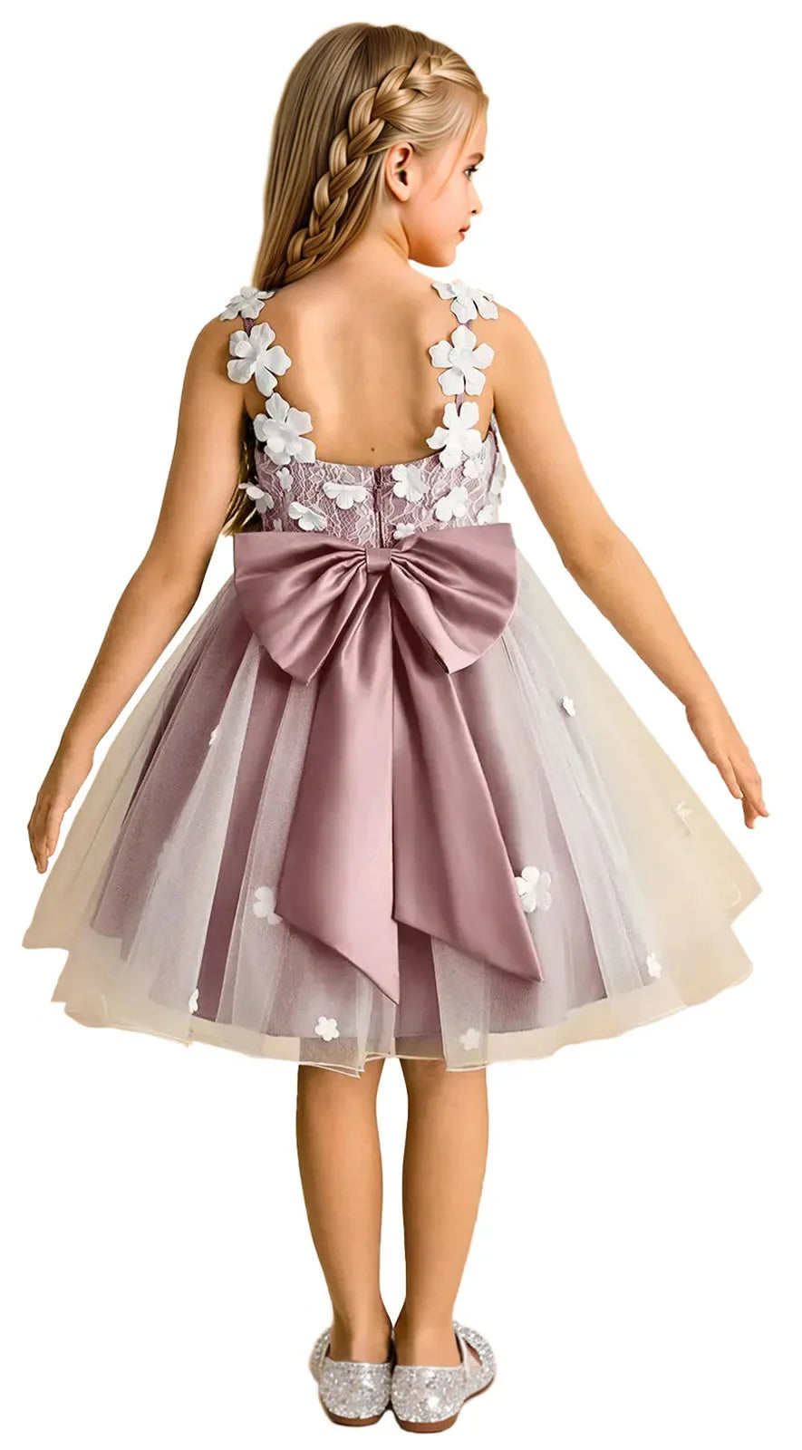 Snvdzo Princess Girls Lace Flower Girl Dress 3D Floral Sleeveless Tulle Princess Wedding Pageant Party Dresses 2026 with Big Bow