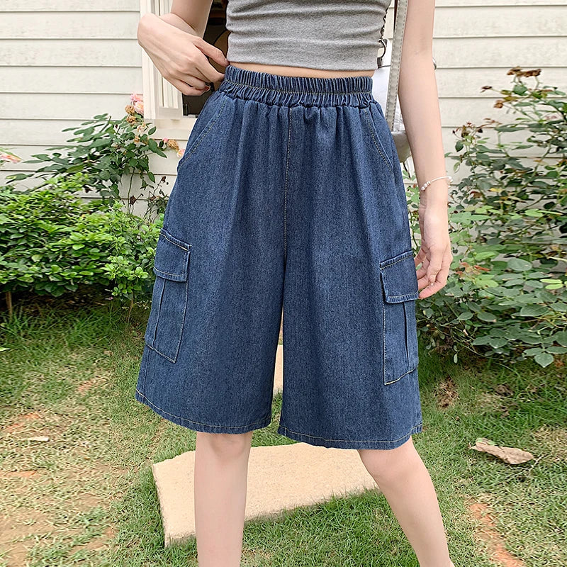 2026 Summer New Women's Denim Shorts Straight Trendy Loose Versatile Dad Shorts Thin Japanese Style Knee-length Pants