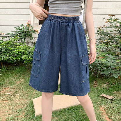 2026 Summer New Women's Denim Shorts Straight Trendy Loose Versatile Dad Shorts Thin Japanese Style Knee-length Pants